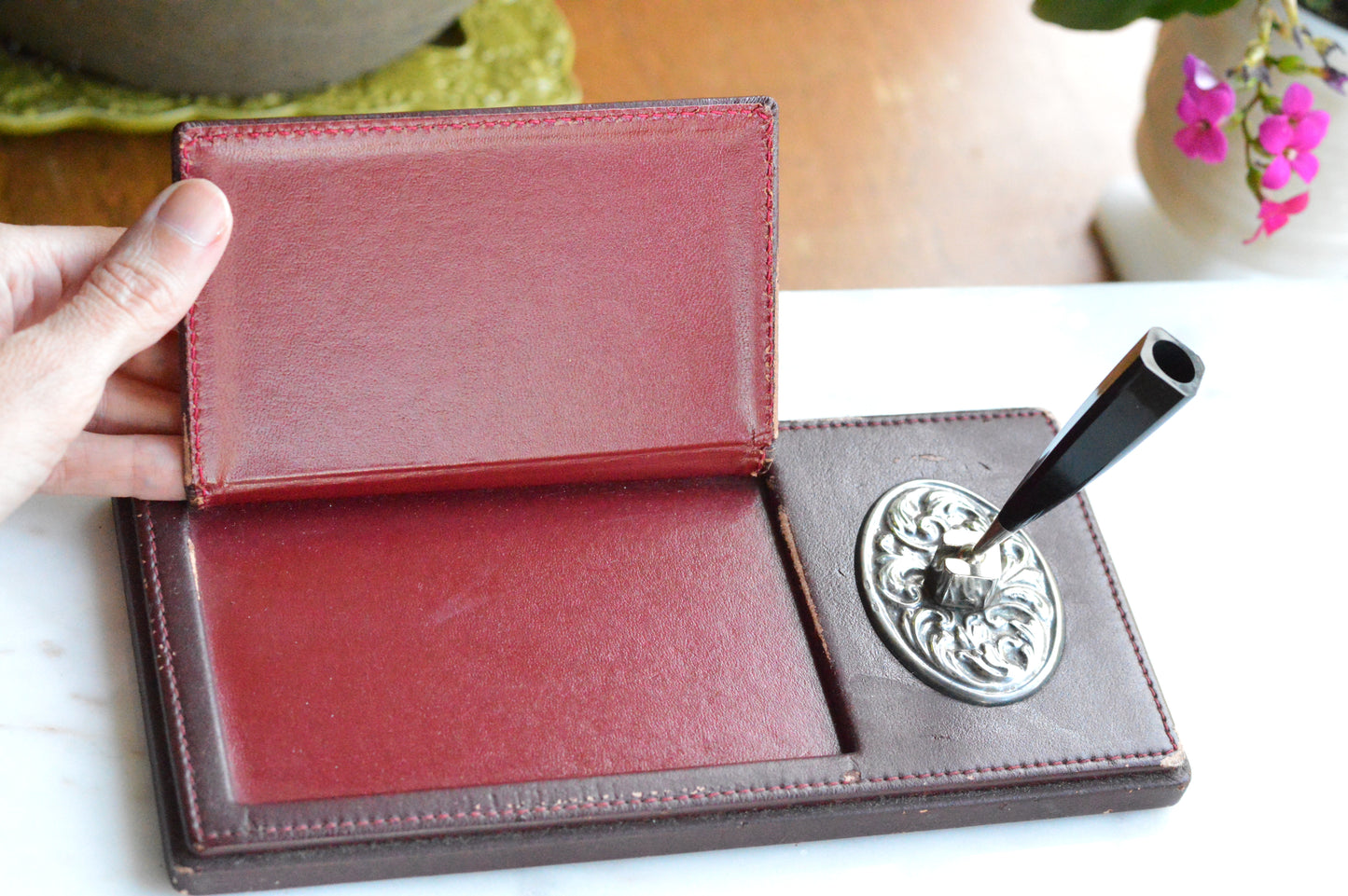 Vintage Sterling Silver & Faux Leather Executive Desk Set – Art Nouveau Filigree Pen Stand & Memo Holder