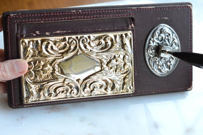 Vintage Sterling Silver & Faux Leather Executive Desk Set – Art Nouveau Filigree Pen Stand & Memo Holder