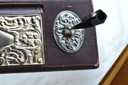 Vintage Sterling Silver & Faux Leather Executive Desk Set – Art Nouveau Filigree Pen Stand & Memo Holder