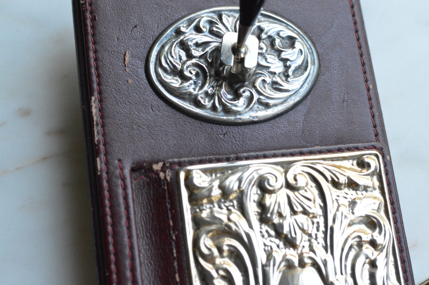 Vintage Sterling Silver & Faux Leather Executive Desk Set – Art Nouveau Filigree Pen Stand & Memo Holder