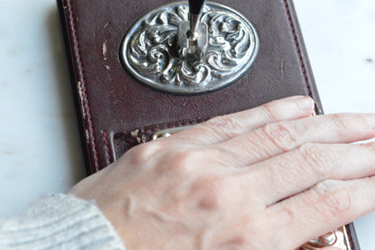 Vintage Sterling Silver & Faux Leather Executive Desk Set – Art Nouveau Filigree Pen Stand & Memo Holder