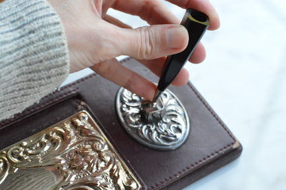 Vintage Sterling Silver & Faux Leather Executive Desk Set – Art Nouveau Filigree Pen Stand & Memo Holder