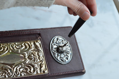 Vintage Sterling Silver & Faux Leather Executive Desk Set – Art Nouveau Filigree Pen Stand & Memo Holder