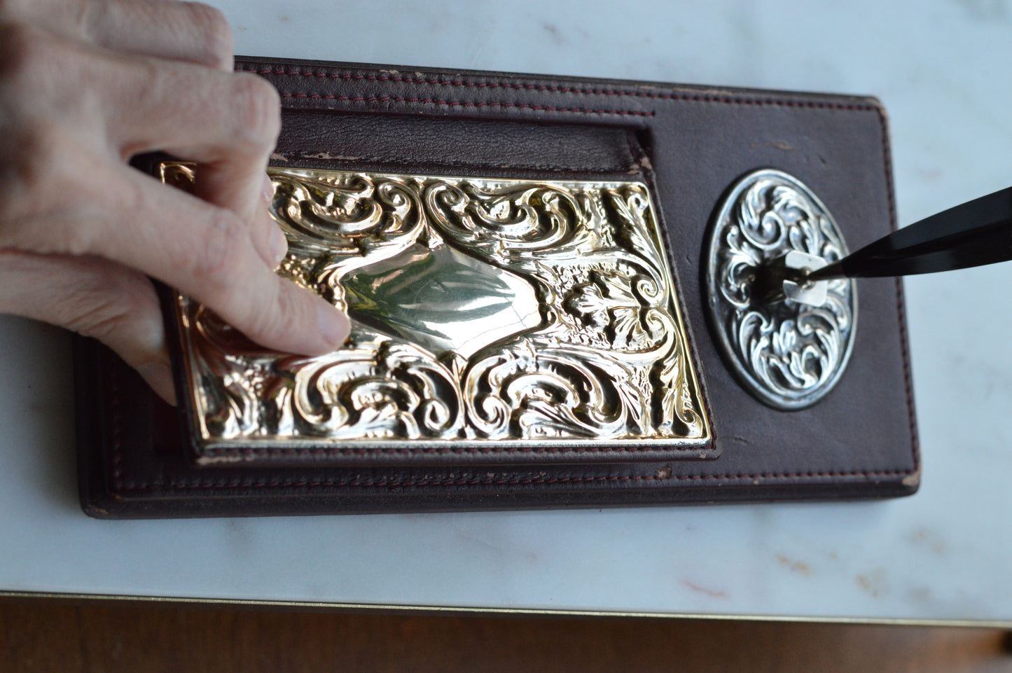 Vintage Sterling Silver & Faux Leather Executive Desk Set – Art Nouveau Filigree Pen Stand & Memo Holder