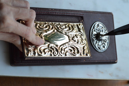 Vintage Sterling Silver & Faux Leather Executive Desk Set – Art Nouveau Filigree Pen Stand & Memo Holder
