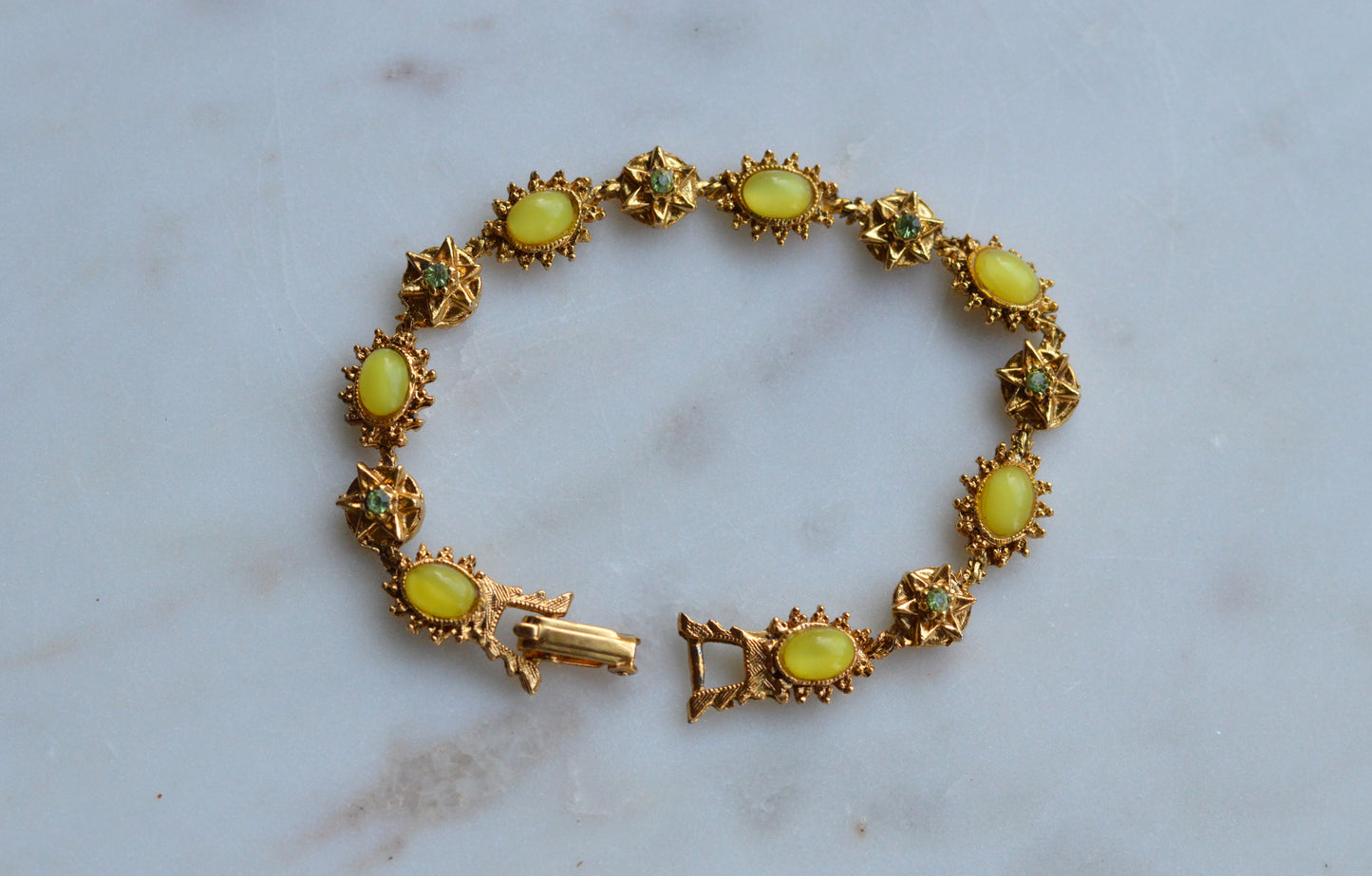 Vintage Signed LJM (Ledo) Etruscan Revival Yellow Cabochon Bracelet | 1950s Mid-Century Starburst & Green Rhinestone | Rare LJM 7” Designer Link