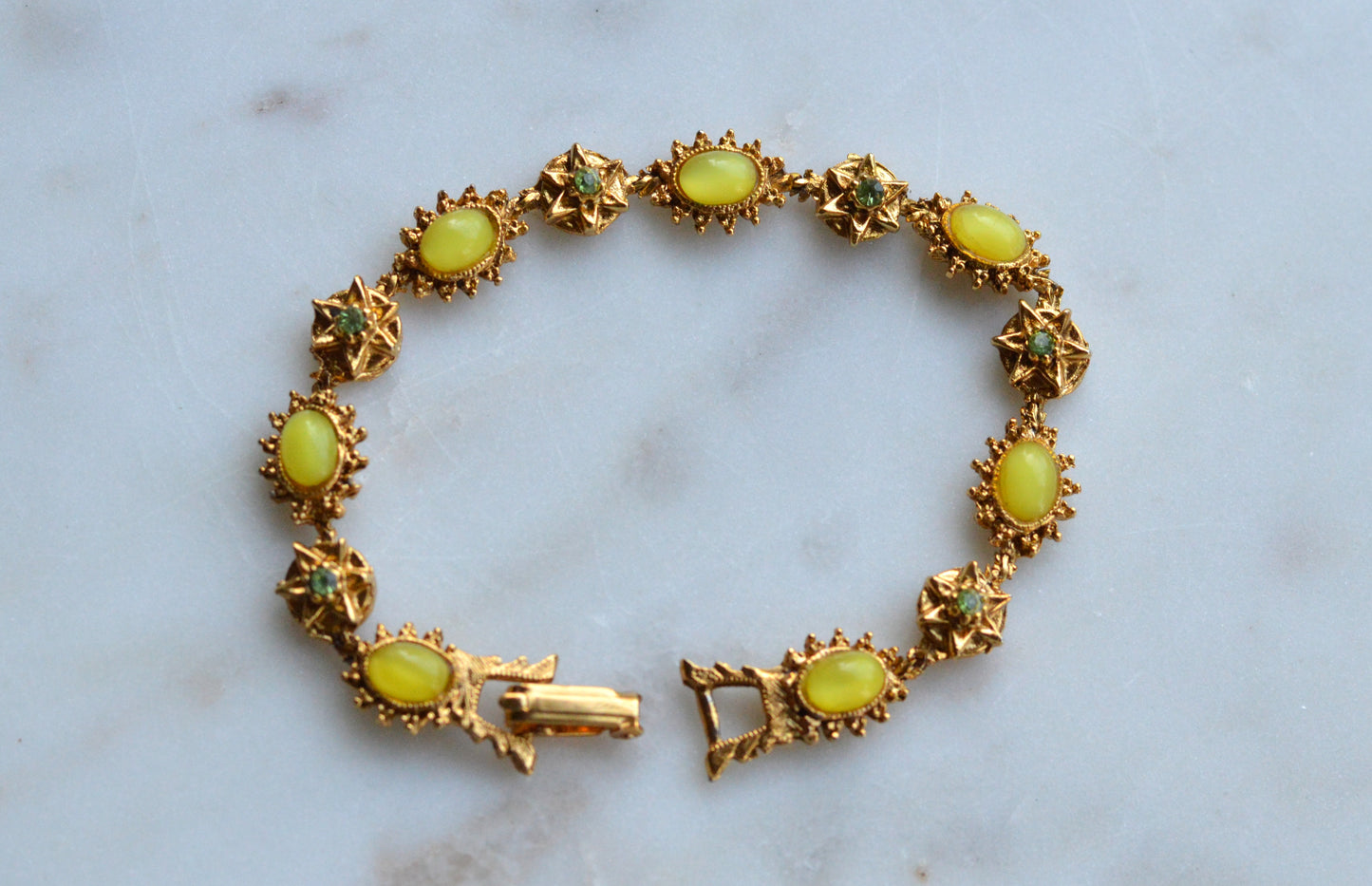 Vintage Signed LJM (Ledo) Etruscan Revival Yellow Cabochon Bracelet | 1950s Mid-Century Starburst & Green Rhinestone | Rare LJM 7” Designer Link