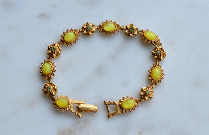 Vintage Signed LJM (Ledo) Etruscan Revival Yellow Cabochon Bracelet | 1950s Mid-Century Starburst & Green Rhinestone | Rare LJM 7” Designer Link