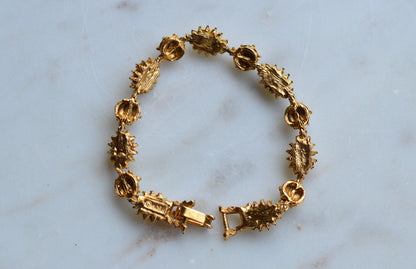 Vintage Signed LJM (Ledo) Etruscan Revival Yellow Cabochon Bracelet | 1950s Mid-Century Starburst & Green Rhinestone | Rare LJM 7” Designer Link
