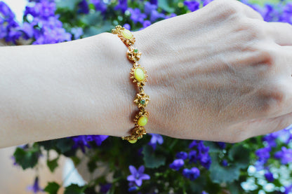 Vintage Signed LJM (Ledo) Etruscan Revival Yellow Cabochon Bracelet | 1950s Mid-Century Starburst & Green Rhinestone | Rare LJM 7” Designer Link