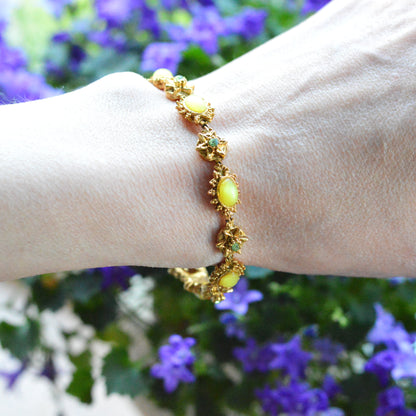 Vintage Signed LJM (Ledo) Etruscan Revival Yellow Cabochon Bracelet | 1950s Mid-Century Starburst & Green Rhinestone | Rare LJM 7” Designer Link