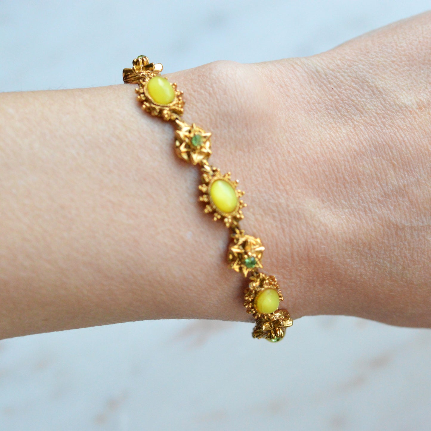 Vintage Signed LJM (Ledo) Etruscan Revival Yellow Cabochon Bracelet | 1950s Mid-Century Starburst & Green Rhinestone | Rare LJM 7” Designer Link