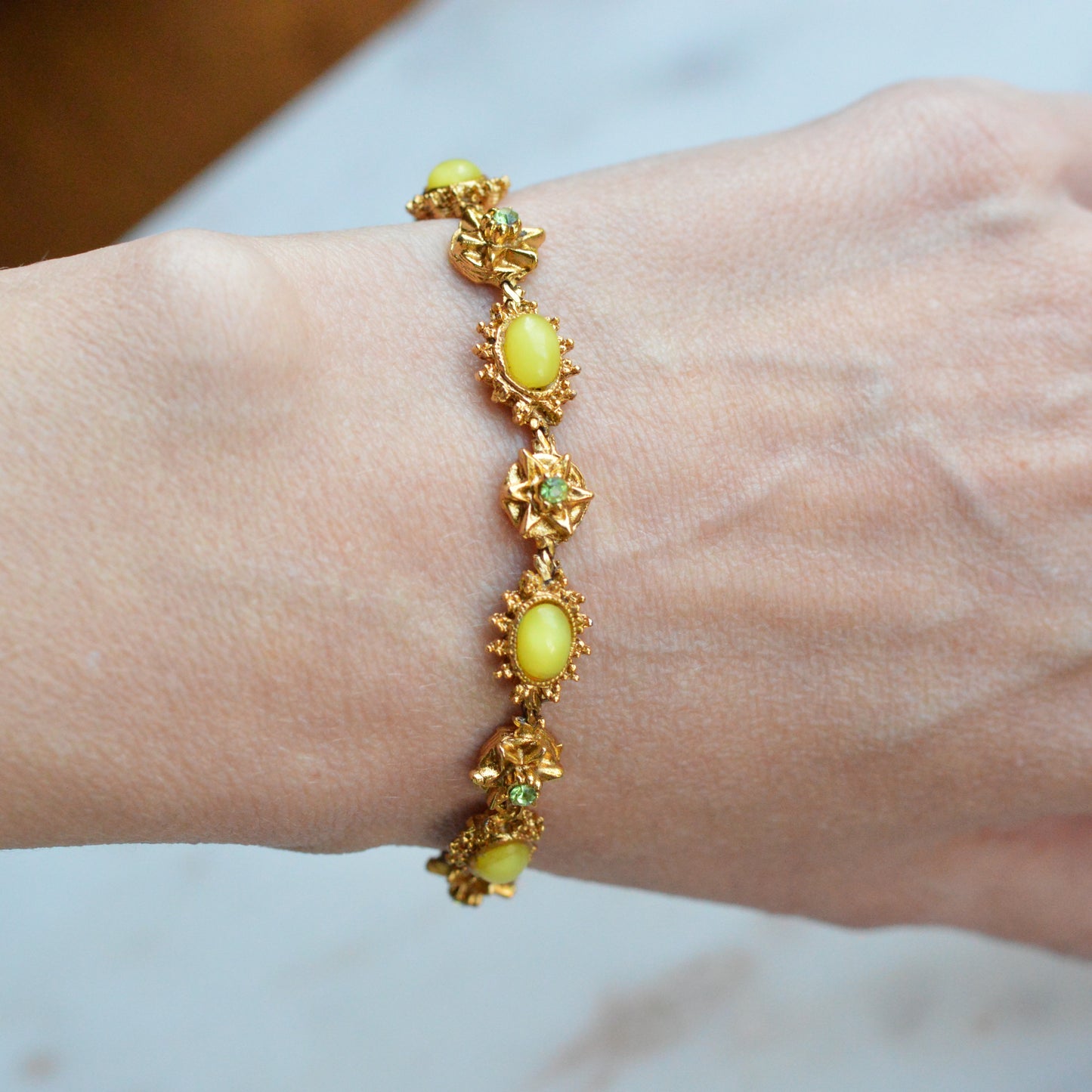 Vintage Signed LJM (Ledo) Etruscan Revival Yellow Cabochon Bracelet | 1950s Mid-Century Starburst & Green Rhinestone | Rare LJM 7” Designer Link