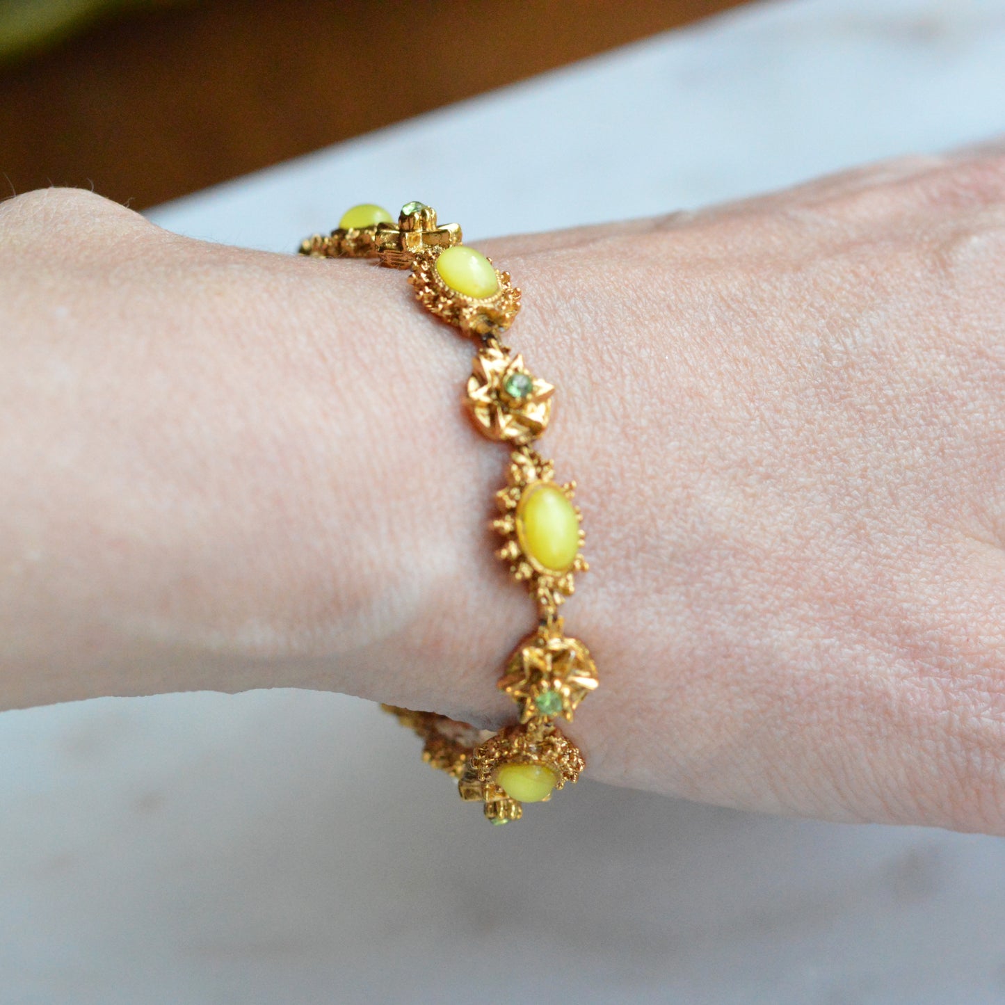 Vintage Signed LJM (Ledo) Etruscan Revival Yellow Cabochon Bracelet | 1950s Mid-Century Starburst & Green Rhinestone | Rare LJM 7” Designer Link