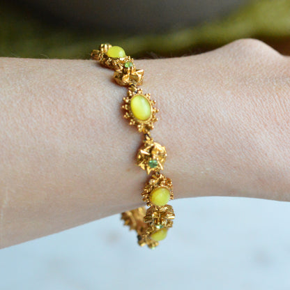 Vintage Signed LJM (Ledo) Etruscan Revival Yellow Cabochon Bracelet | 1950s Mid-Century Starburst & Green Rhinestone | Rare LJM 7” Designer Link