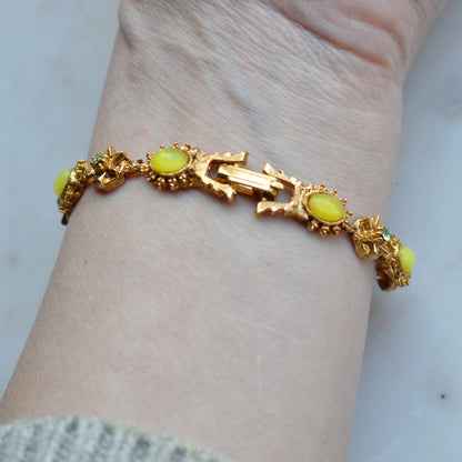 Vintage Signed LJM (Ledo) Etruscan Revival Yellow Cabochon Bracelet | 1950s Mid-Century Starburst & Green Rhinestone | Rare LJM 7” Designer Link