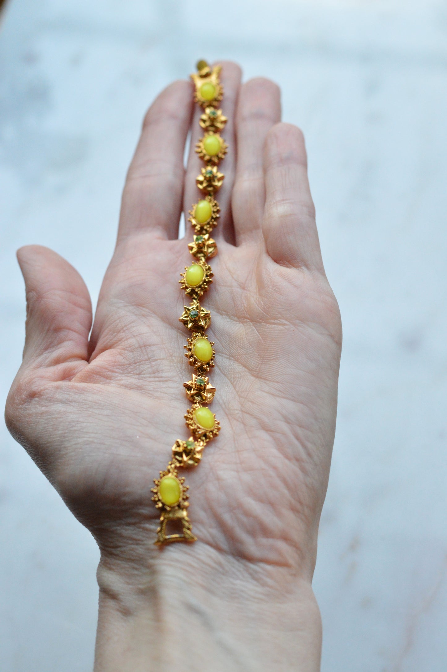 Vintage Signed LJM (Ledo) Etruscan Revival Yellow Cabochon Bracelet | 1950s Mid-Century Starburst & Green Rhinestone | Rare LJM 7” Designer Link