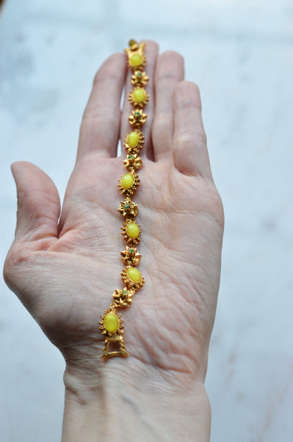 Vintage Signed LJM (Ledo) Etruscan Revival Yellow Cabochon Bracelet | 1950s Mid-Century Starburst & Green Rhinestone | Rare LJM 7” Designer Link