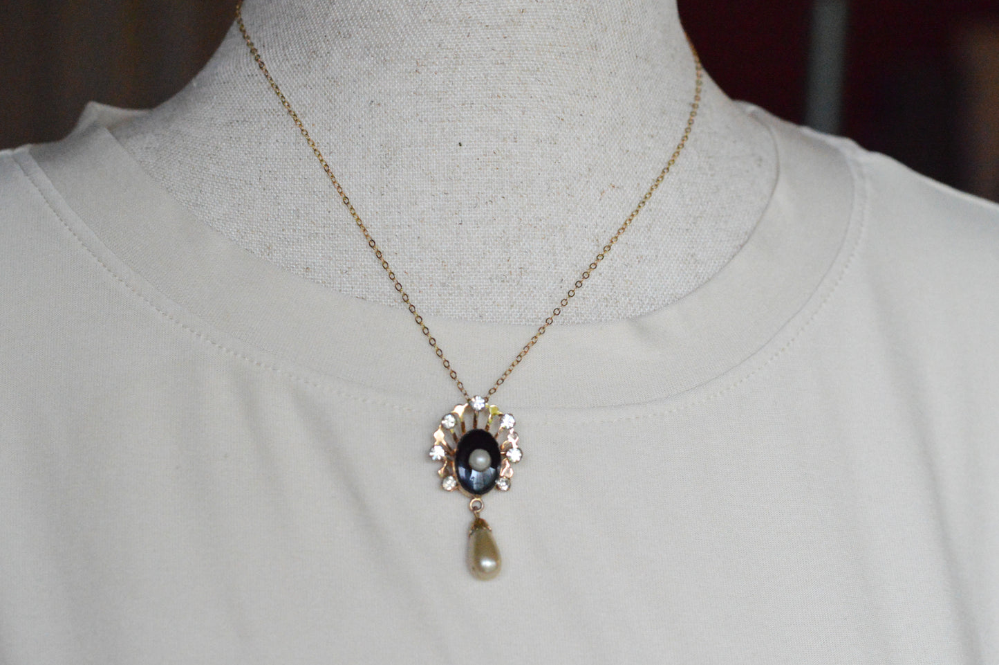 Vintage Van Dell 12K Gold Filled Necklace Set | Onyx & Pearl Pin-Pendant | 16" 1/20 12K G.F. Chain | Victorian Revival