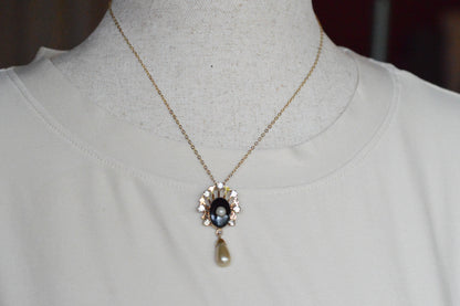Vintage Van Dell 12K Gold Filled Necklace Set | Onyx & Pearl Pin-Pendant | 16" 1/20 12K G.F. Chain | Victorian Revival