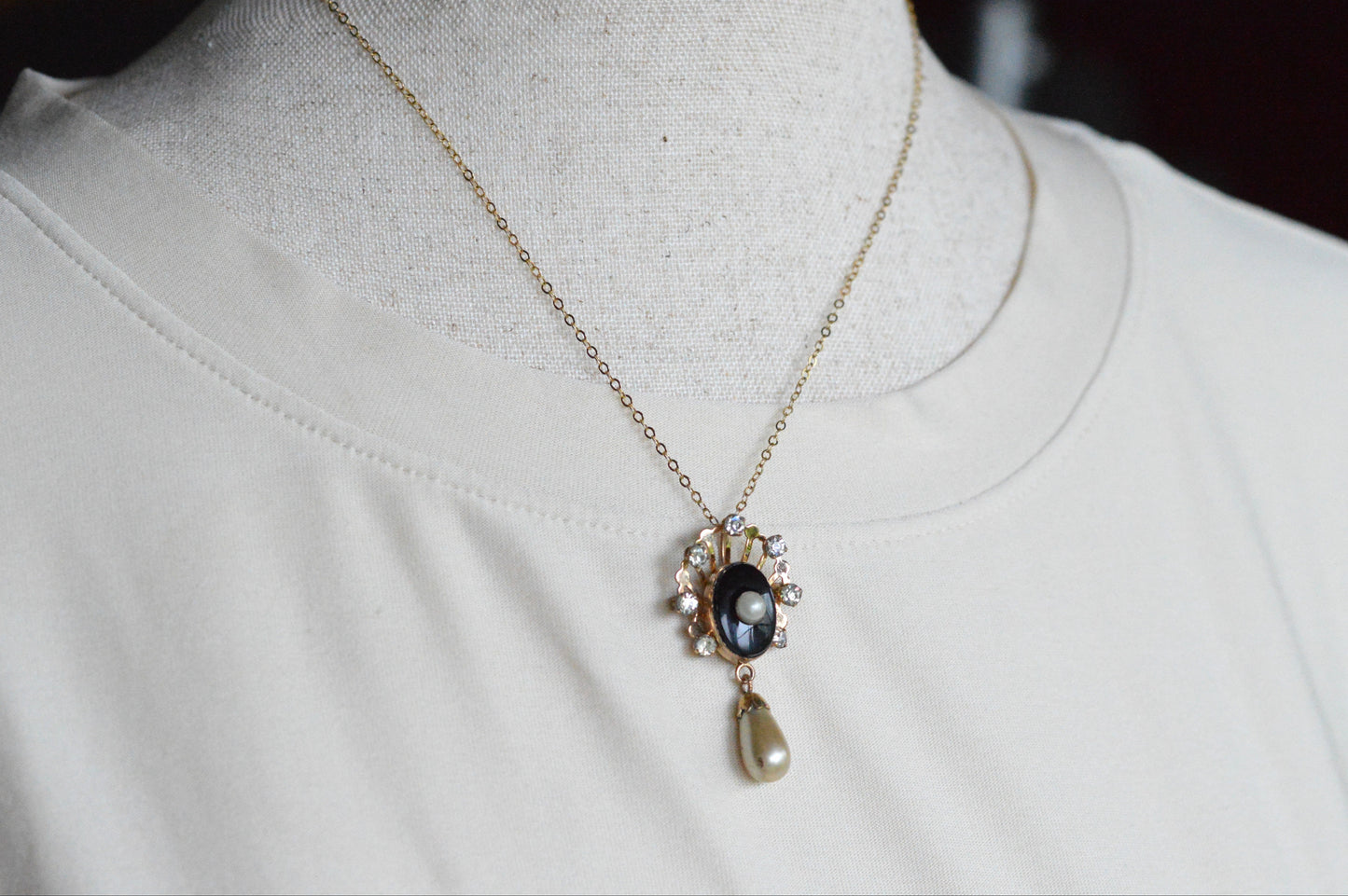 Vintage Van Dell 12K Gold Filled Necklace Set | Onyx & Pearl Pin-Pendant | 16" 1/20 12K G.F. Chain | Victorian Revival