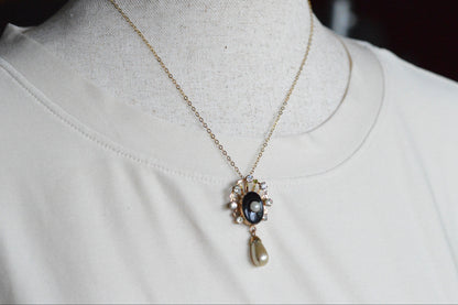 Vintage Van Dell 12K Gold Filled Necklace Set | Onyx & Pearl Pin-Pendant | 16" 1/20 12K G.F. Chain | Victorian Revival