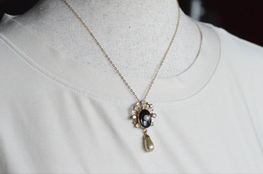 Vintage Van Dell 12K Gold Filled Necklace Set | Onyx & Pearl Pin-Pendant | 16" 1/20 12K G.F. Chain | Victorian Revival