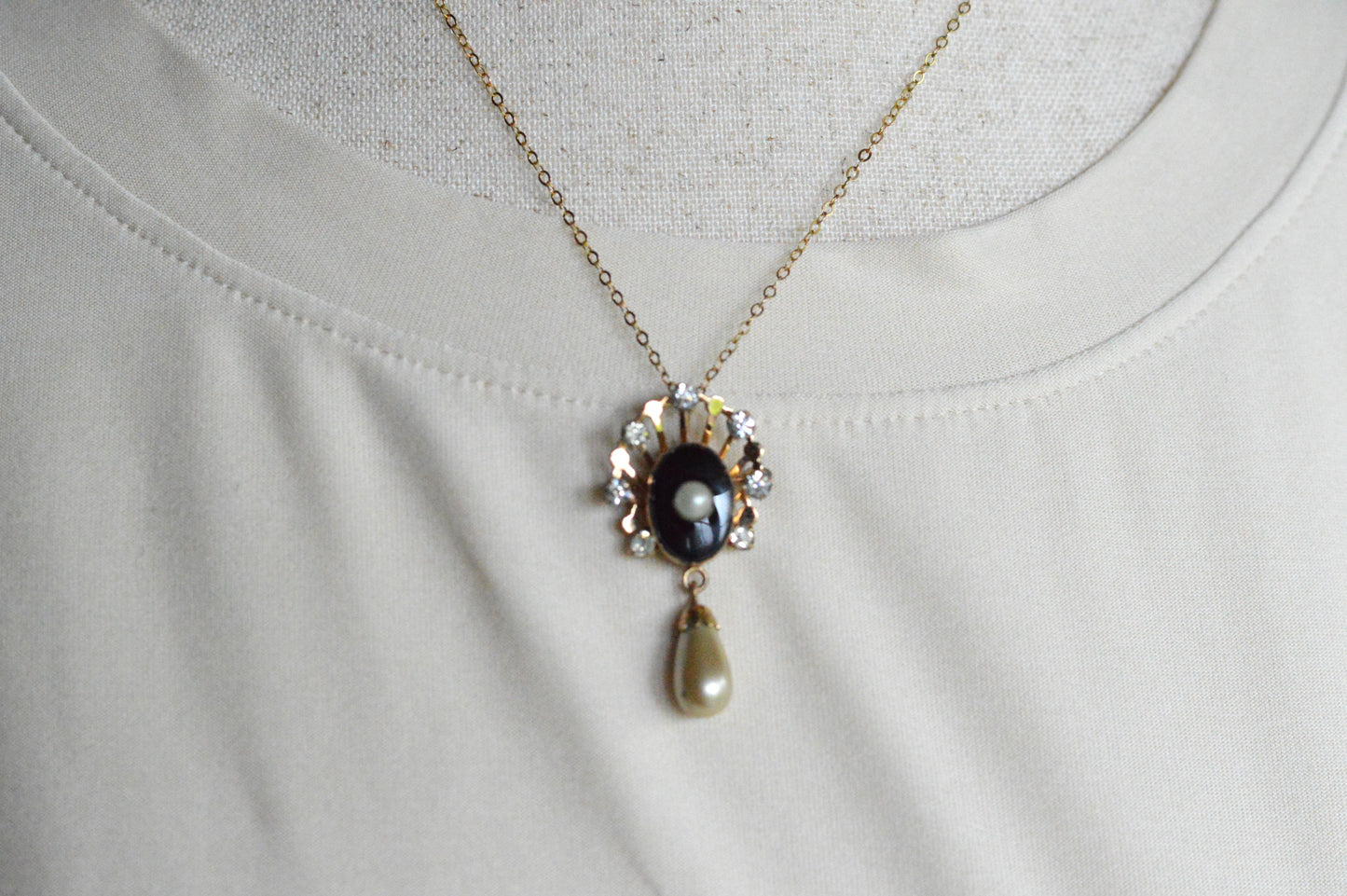Vintage Van Dell 12K Gold Filled Necklace Set | Onyx & Pearl Pin-Pendant | 16" 1/20 12K G.F. Chain | Victorian Revival