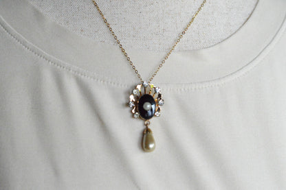 Vintage Van Dell 12K Gold Filled Necklace Set | Onyx & Pearl Pin-Pendant | 16" 1/20 12K G.F. Chain | Victorian Revival