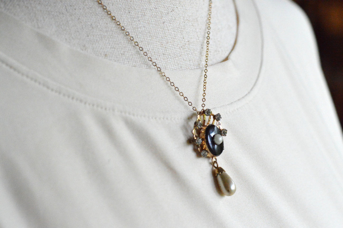 Vintage Van Dell 12K Gold Filled Necklace Set | Onyx & Pearl Pin-Pendant | 16" 1/20 12K G.F. Chain | Victorian Revival
