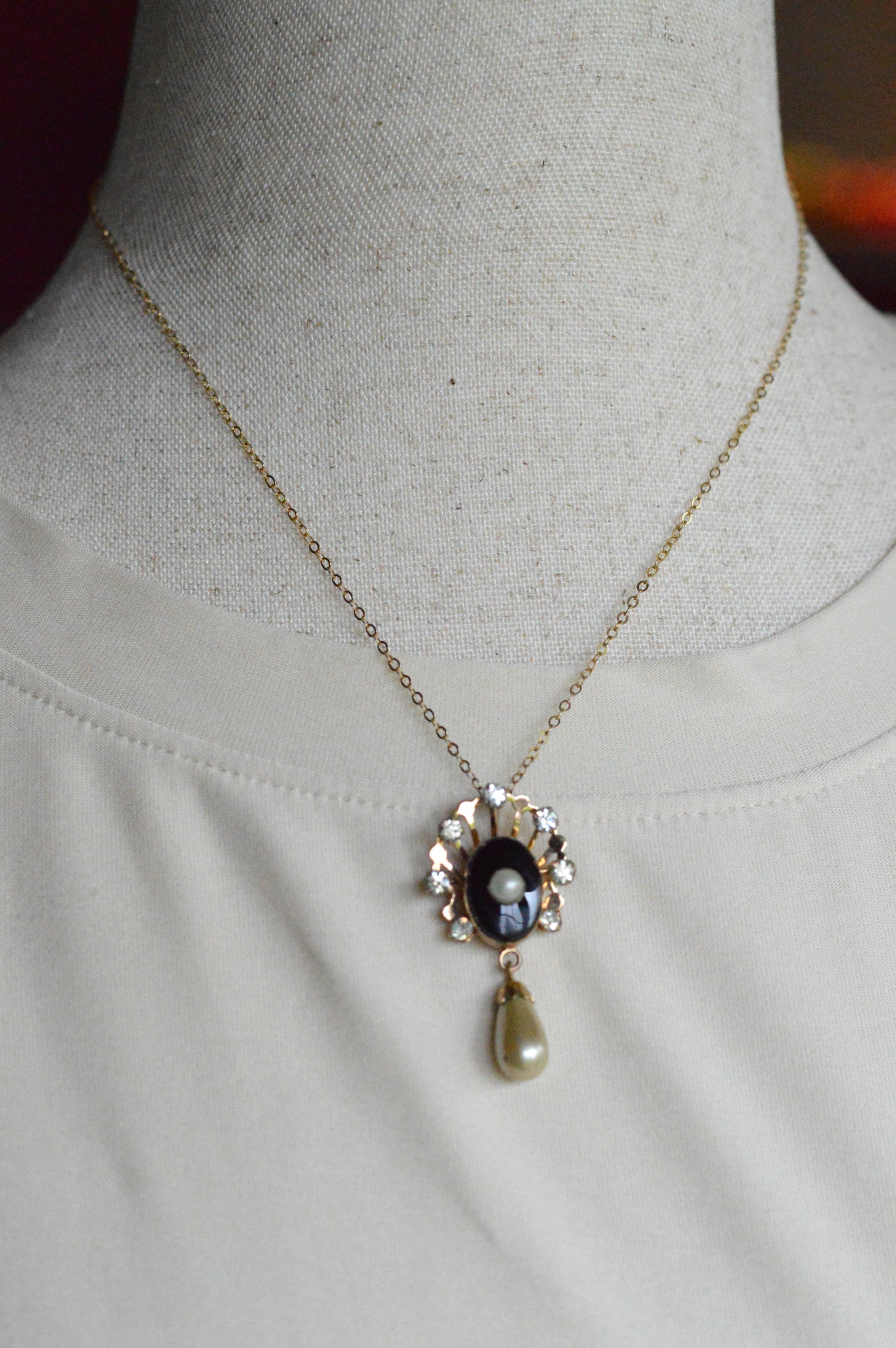 Vintage Van Dell 12K Gold Filled Necklace Set | Onyx & Pearl Pin-Pendant | 16" 1/20 12K G.F. Chain | Victorian Revival