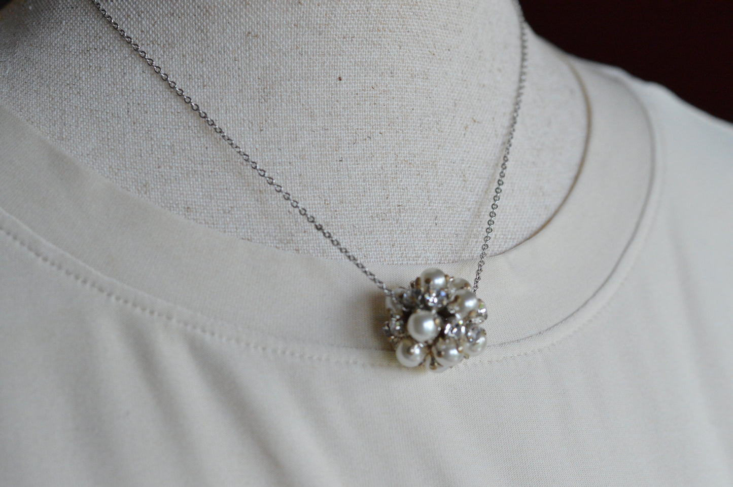 Vintage 1970's 1-Inch Pavé Pearl & Rhinestone Orb Statement Choker