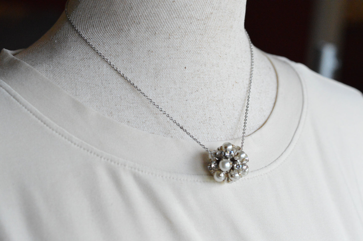 Vintage 1970's 1-Inch Pavé Pearl & Rhinestone Orb Statement Choker