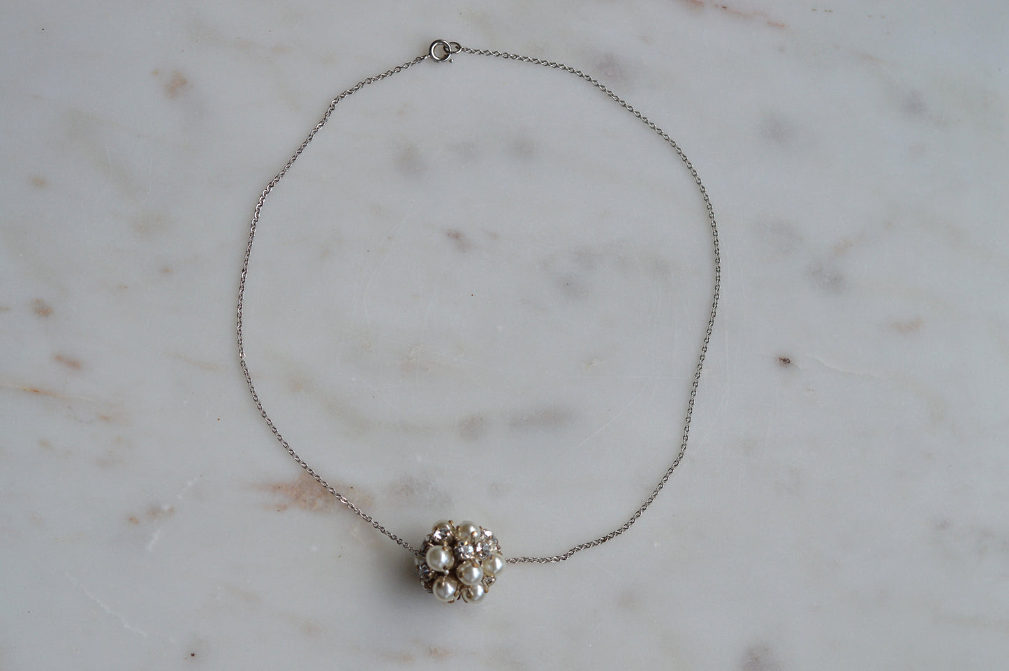 Vintage 1970's 1-Inch Pavé Pearl & Rhinestone Orb Statement Choker