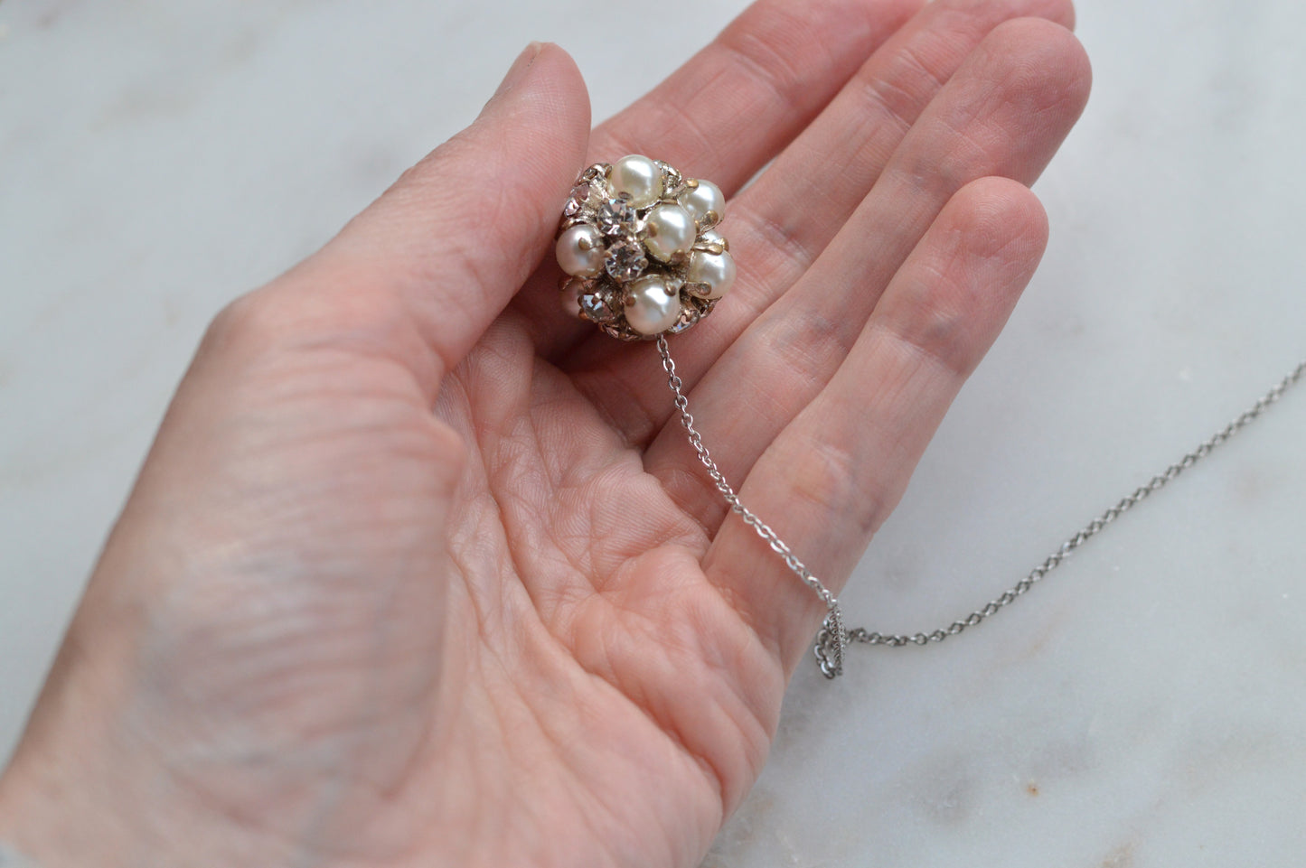 Vintage 1970's 1-Inch Pavé Pearl & Rhinestone Orb Statement Choker