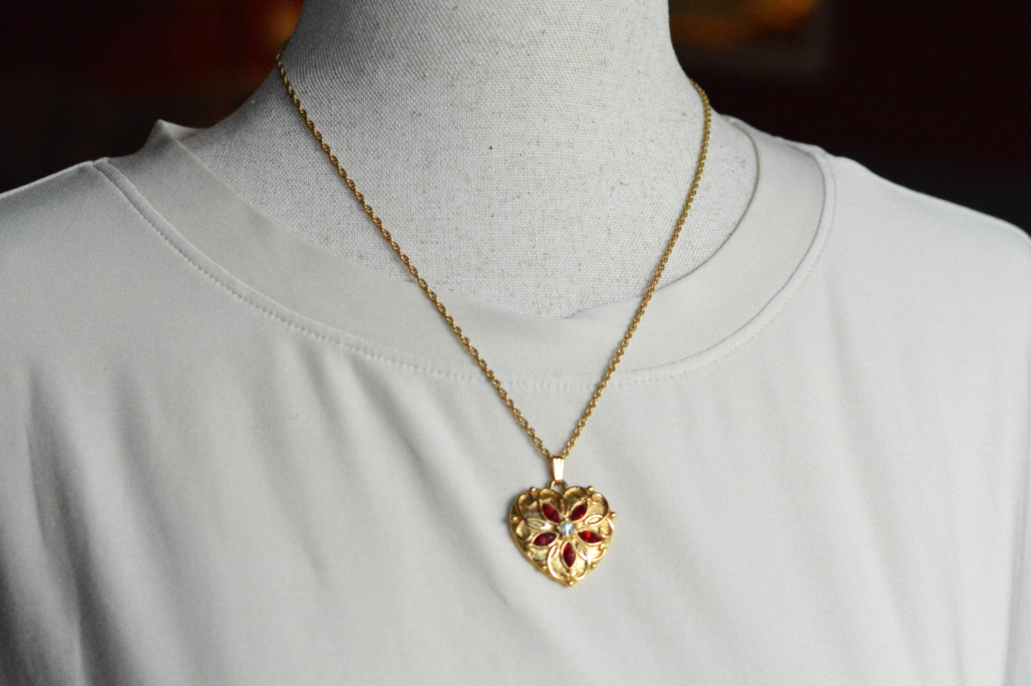 Vintage Signed Avon Jeweled Heart Necklace | Red Rhinestone Flower Center | Ornate Gold Tone Antoinette Style Pendant | 18” Princess Chain