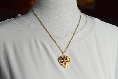 Vintage Signed Avon Jeweled Heart Necklace | Red Rhinestone Flower Center | Ornate Gold Tone Antoinette Style Pendant | 18” Princess Chain