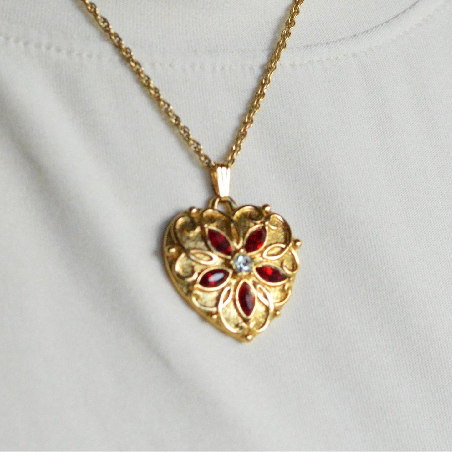 Vintage Signed Avon Jeweled Heart Necklace | Red Rhinestone Flower Center | Ornate Gold Tone Antoinette Style Pendant | 18” Princess Chain