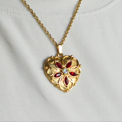 Vintage Signed Avon Jeweled Heart Necklace | Red Rhinestone Flower Center | Ornate Gold Tone Antoinette Style Pendant | 18” Princess Chain