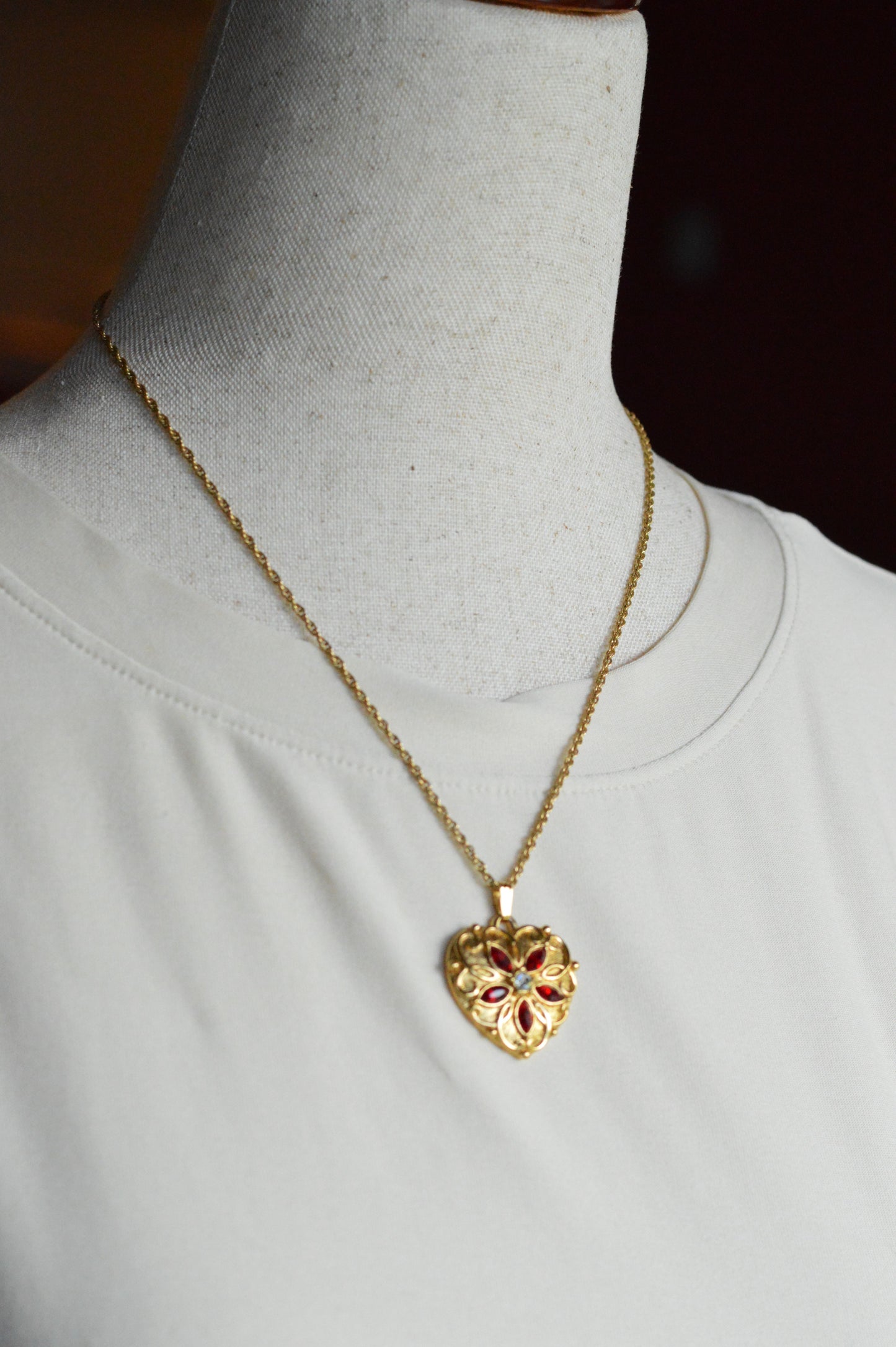 Vintage Signed Avon Jeweled Heart Necklace | Red Rhinestone Flower Center | Ornate Gold Tone Antoinette Style Pendant | 18” Princess Chain