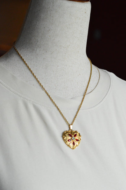 Vintage Signed Avon Jeweled Heart Necklace | Red Rhinestone Flower Center | Ornate Gold Tone Antoinette Style Pendant | 18” Princess Chain