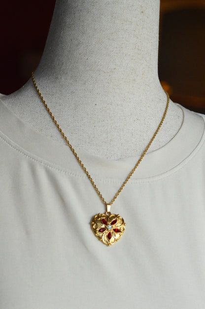 Vintage Signed Avon Jeweled Heart Necklace | Red Rhinestone Flower Center | Ornate Gold Tone Antoinette Style Pendant | 18” Princess Chain