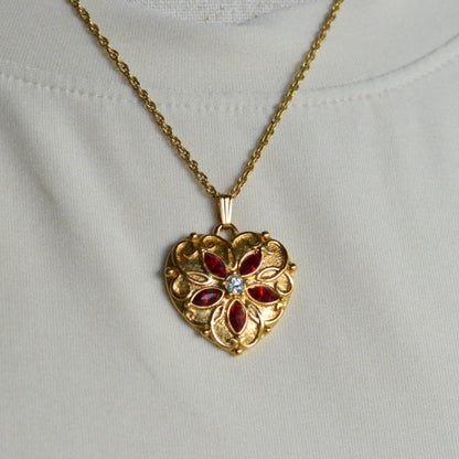 Vintage Signed Avon Jeweled Heart Necklace | Red Rhinestone Flower Center | Ornate Gold Tone Antoinette Style Pendant | 18” Princess Chain