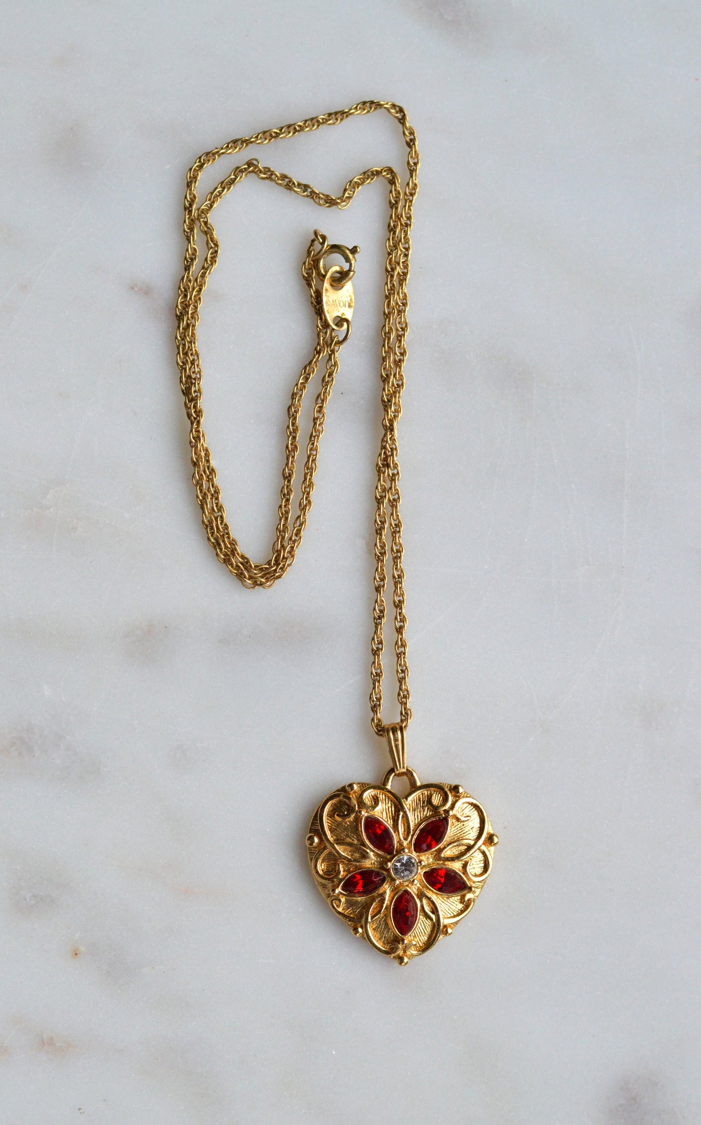 Vintage Signed Avon Jeweled Heart Necklace | Red Rhinestone Flower Center | Ornate Gold Tone Antoinette Style Pendant | 18” Princess Chain
