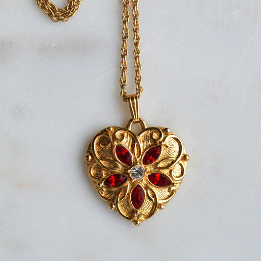 Vintage Signed Avon Jeweled Heart Necklace | Red Rhinestone Flower Center | Ornate Gold Tone Antoinette Style Pendant | 18” Princess Chain