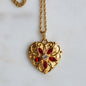 Vintage Signed Avon Jeweled Heart Necklace | Red Rhinestone Flower Center | Ornate Gold Tone Antoinette Style Pendant | 18” Princess Chain