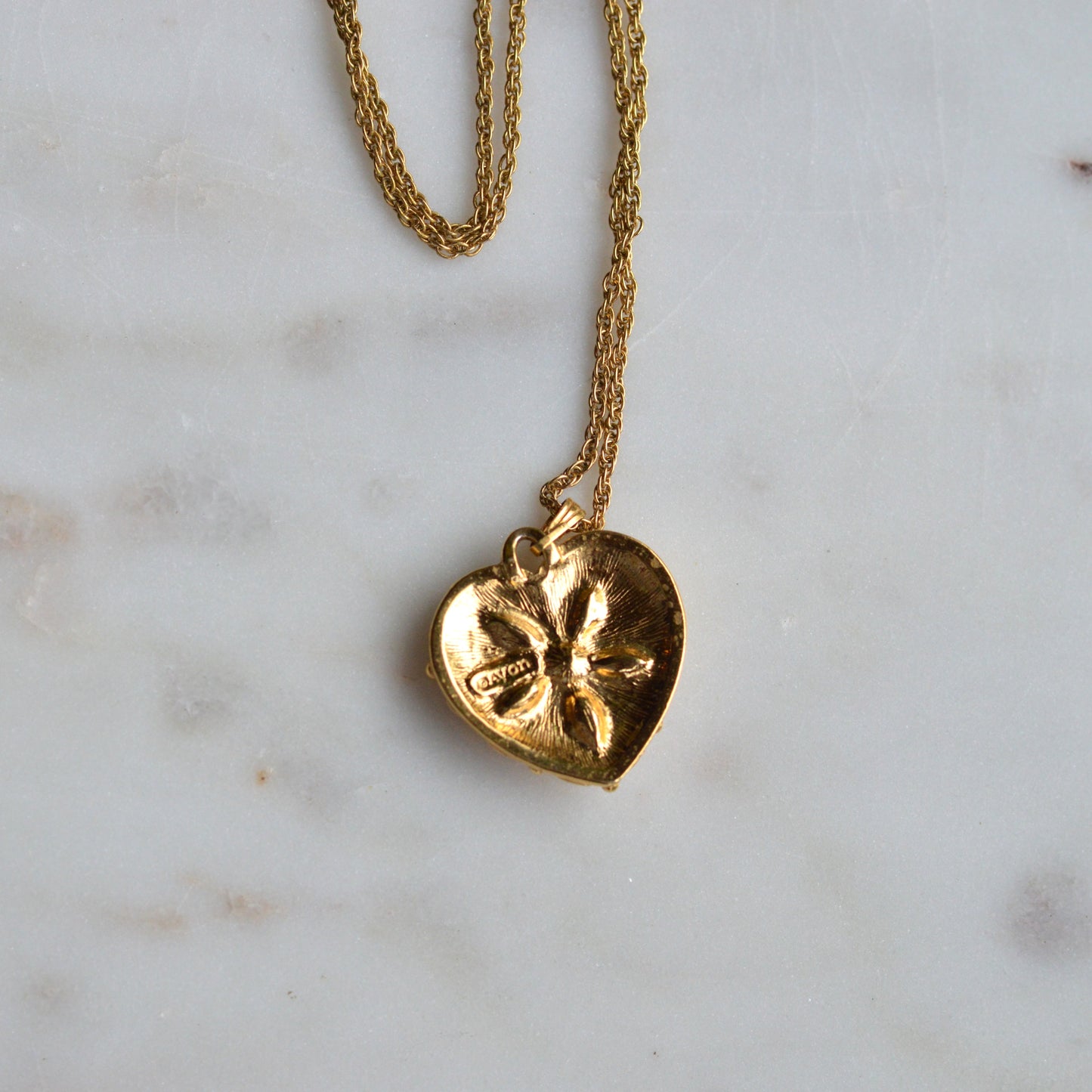 Vintage Signed Avon Jeweled Heart Necklace | Red Rhinestone Flower Center | Ornate Gold Tone Antoinette Style Pendant | 18” Princess Chain
