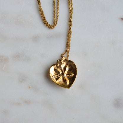 Vintage Signed Avon Jeweled Heart Necklace | Red Rhinestone Flower Center | Ornate Gold Tone Antoinette Style Pendant | 18” Princess Chain