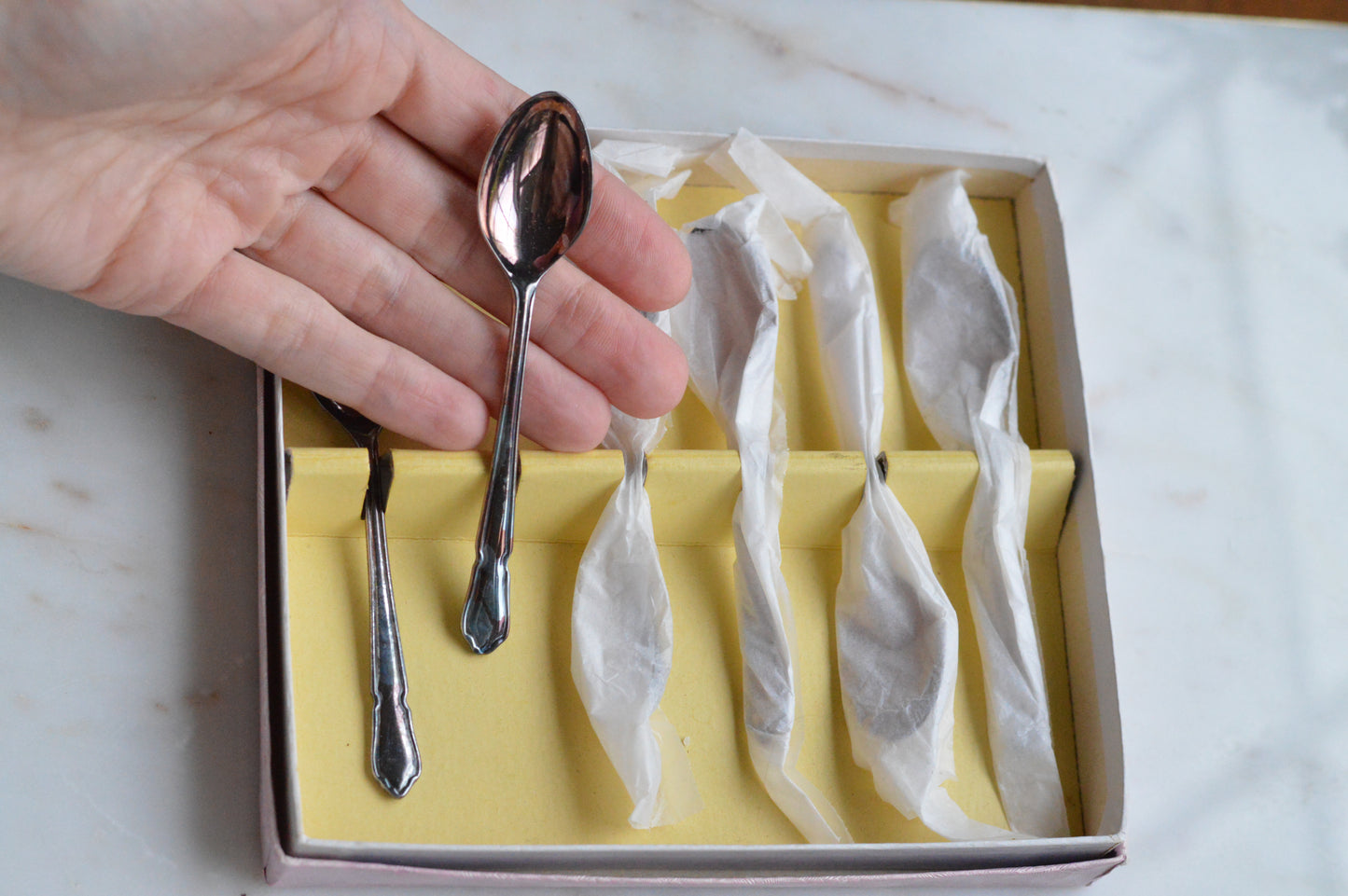 Set of 6 Vintage German Wellner A L Germany Demitasse Spoons, Boxed 3.8"