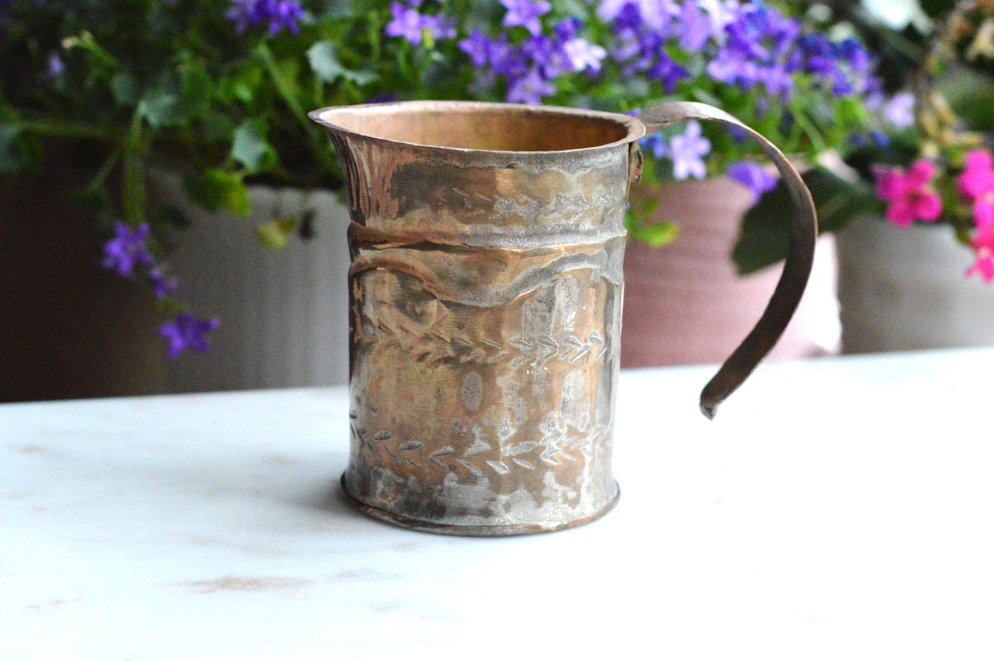 Antique Hand-Chased Copper Measuring Pitcher